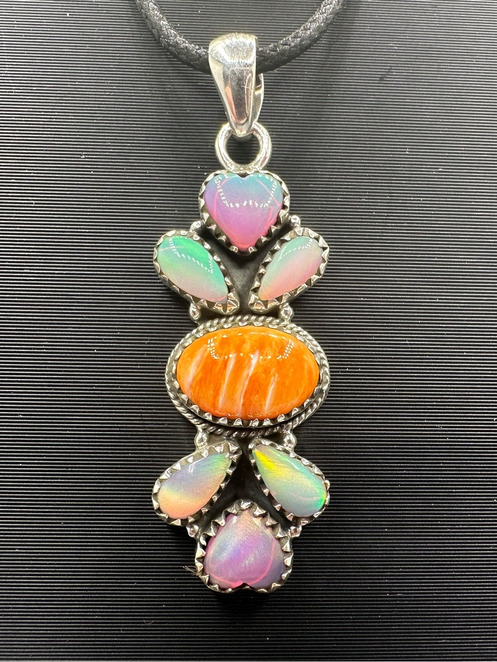 Aurora Opal & Orange Spiny Sterling Silver 925 Necklace Pendant Handmade